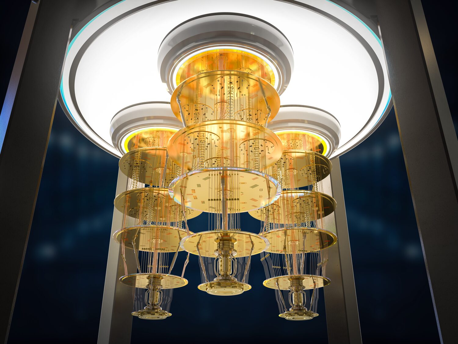 Gold-plated cryogenic dilution refrigerator used to cool a quantum processor