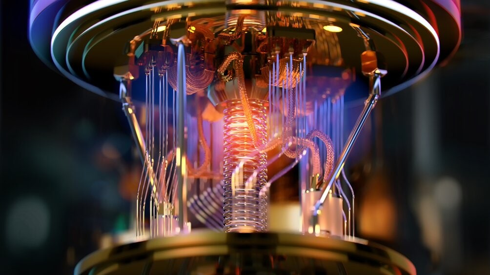 Close-up of a superconducting quantum processor inside a cryogenic dilution refrigerator