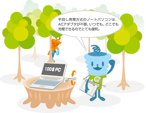 手回し発電式のノートパソコン