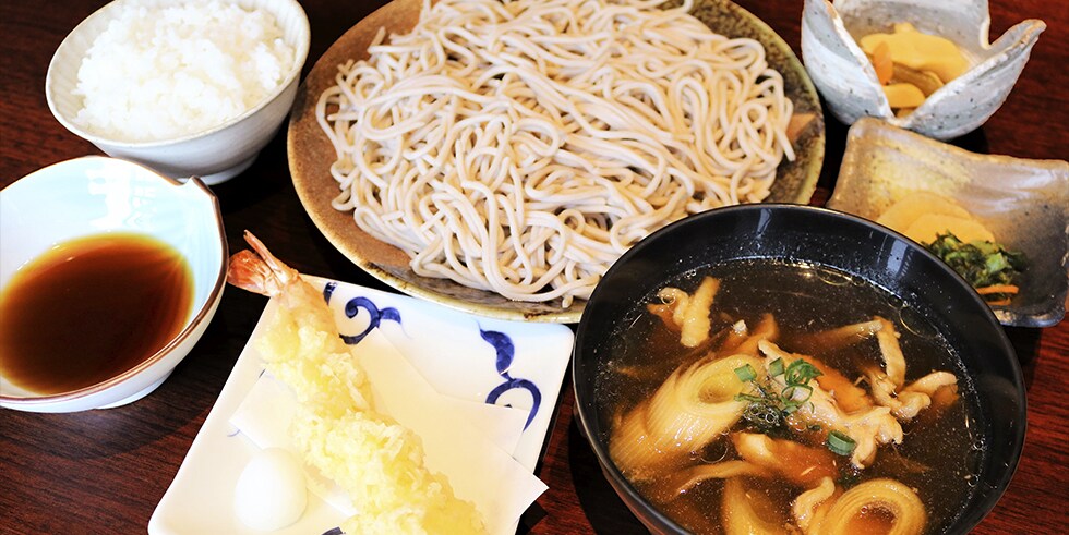Soba with Hinai-Jidori Chicken Dipping Sauce plus Shrimp Tempura