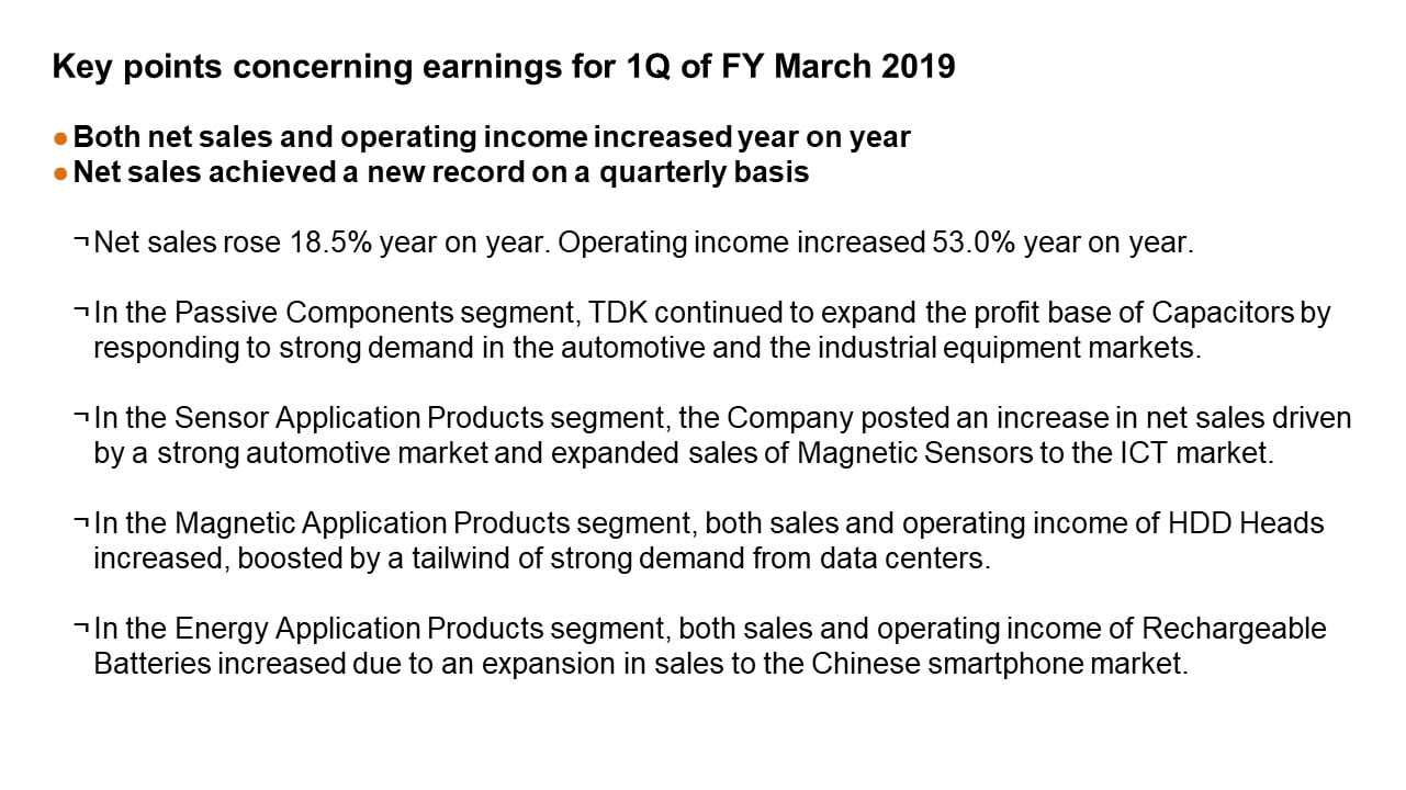 Key points concerning earnings for 1Q of FY March 2019