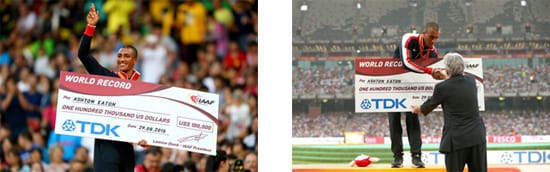 TDK presents a prize money of USD 100,000 to Ashton Eaton (USA) for the world record of Decathlon at the 15th IAAF World Championships in Beijing