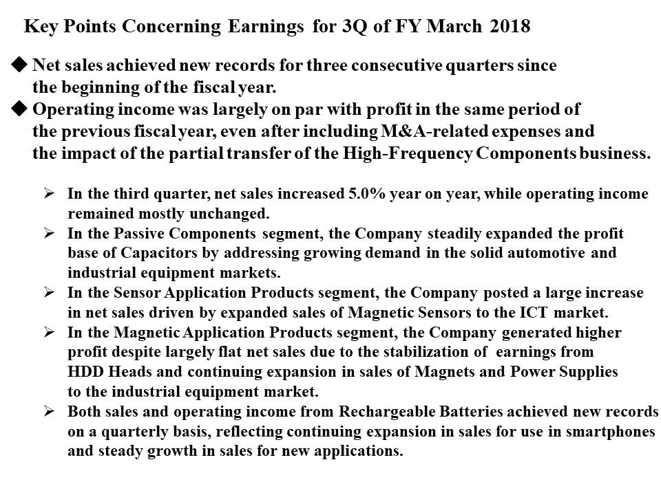 Key Points Concerning Earnings for 3Q of FY March 2018  