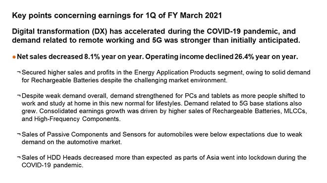 Key points concerning earnings for 1Q of FY March 2021