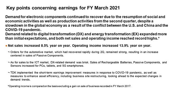 Key points concerning earnings for FY March 2021