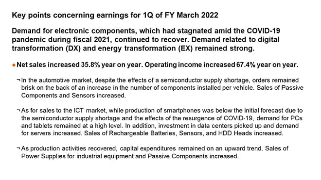 Key points concerning earnings for 1Q of FY March 2022
