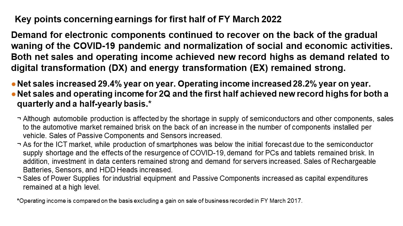 Key points concerning earnings for first half of FY March 2022