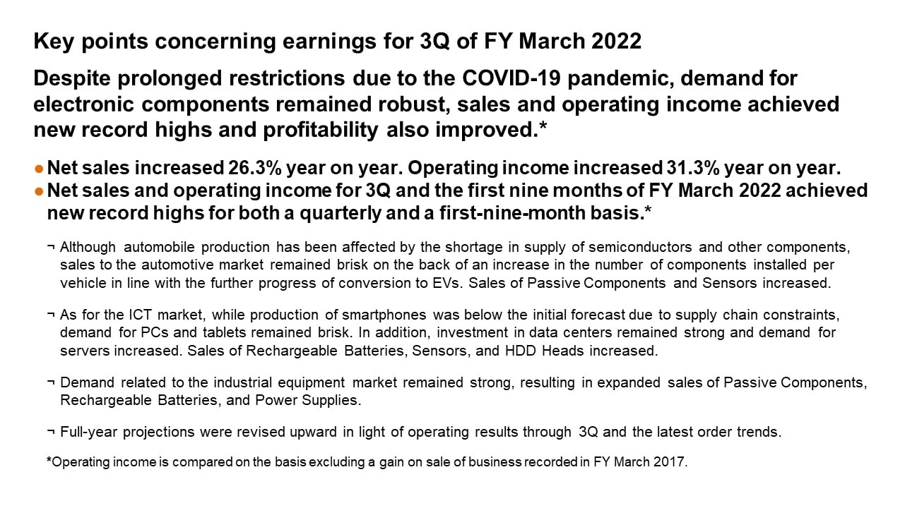 Key points concerning earnings for 3Q of FY March 2022