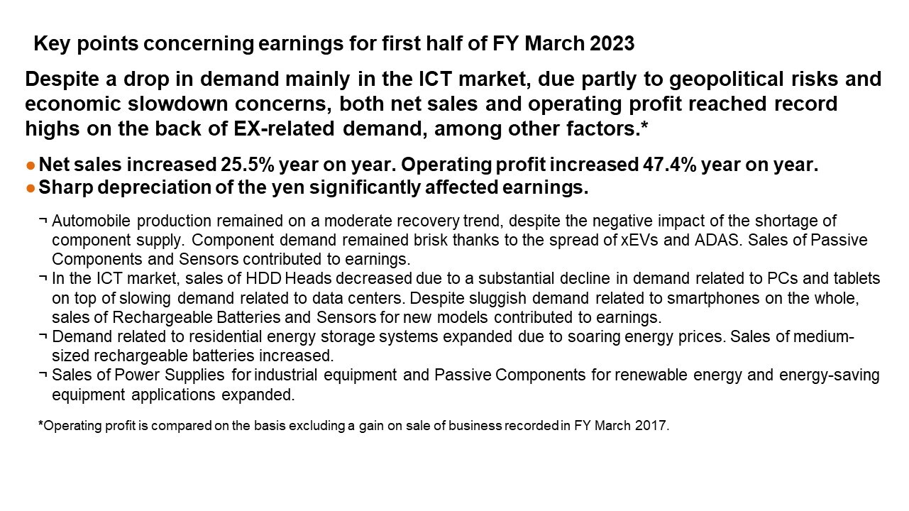Key points concerning earnings for first half of FY March 2023