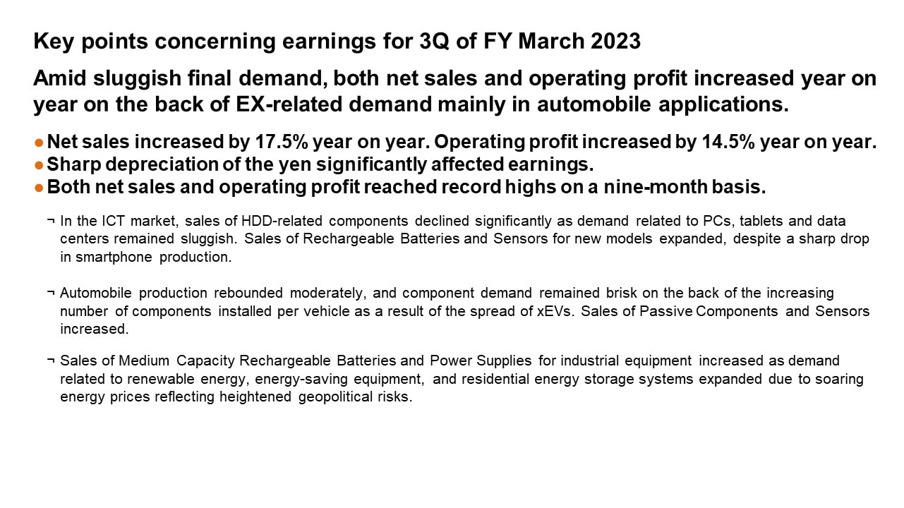 Key points concerning earnings for 3Q of FY March 2023
