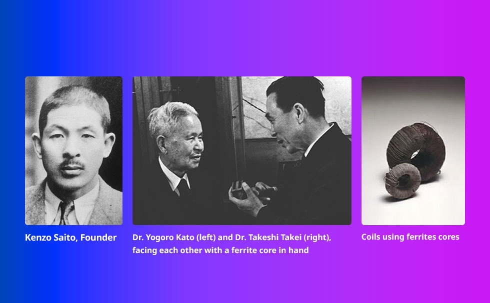 Kenzo Saito, the founder of TDK, and Yogoro Kato and Takeshi Takei, the inventors of the ferrite core