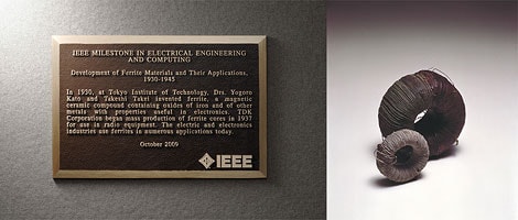 (Left) The plaque of IEEE Milestone for Ferrite    (Right) The world