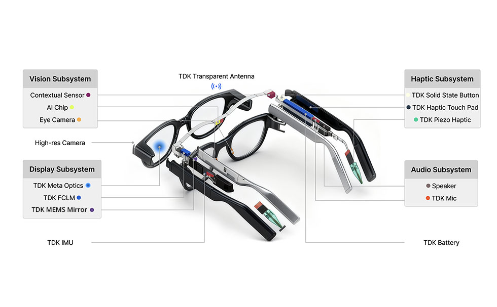 Concept for AI glasses incorporating multiple TDK components