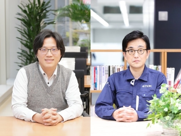 EV車向けの製品づくりを行う部門で、購買業務に携わる入社4年目の関さん（写真左）。一方入社16年目の中道さん（写真右）は、次世代の高速大容量通信を支える高周波対応材料の研究・開発を担当している。