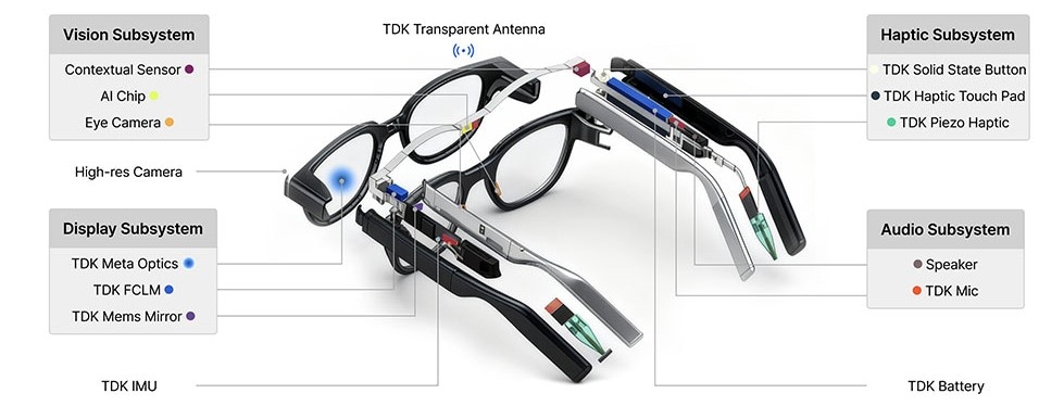 Concept for AI glasses incorporating multiple TDK components