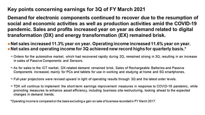 Key points concerning earnings for 3Q of FY March 2021